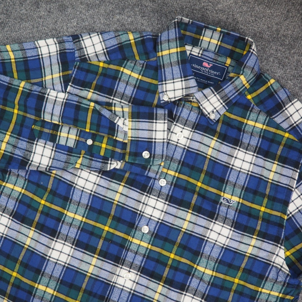 Vineyard Vines Flannel Shirt Mens Med Slim Fit Whale Blue Plaid Cotton Preppy